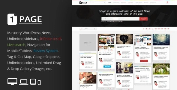 1Page Masonry WordPress News / interesting links 4.5 GPL Theme